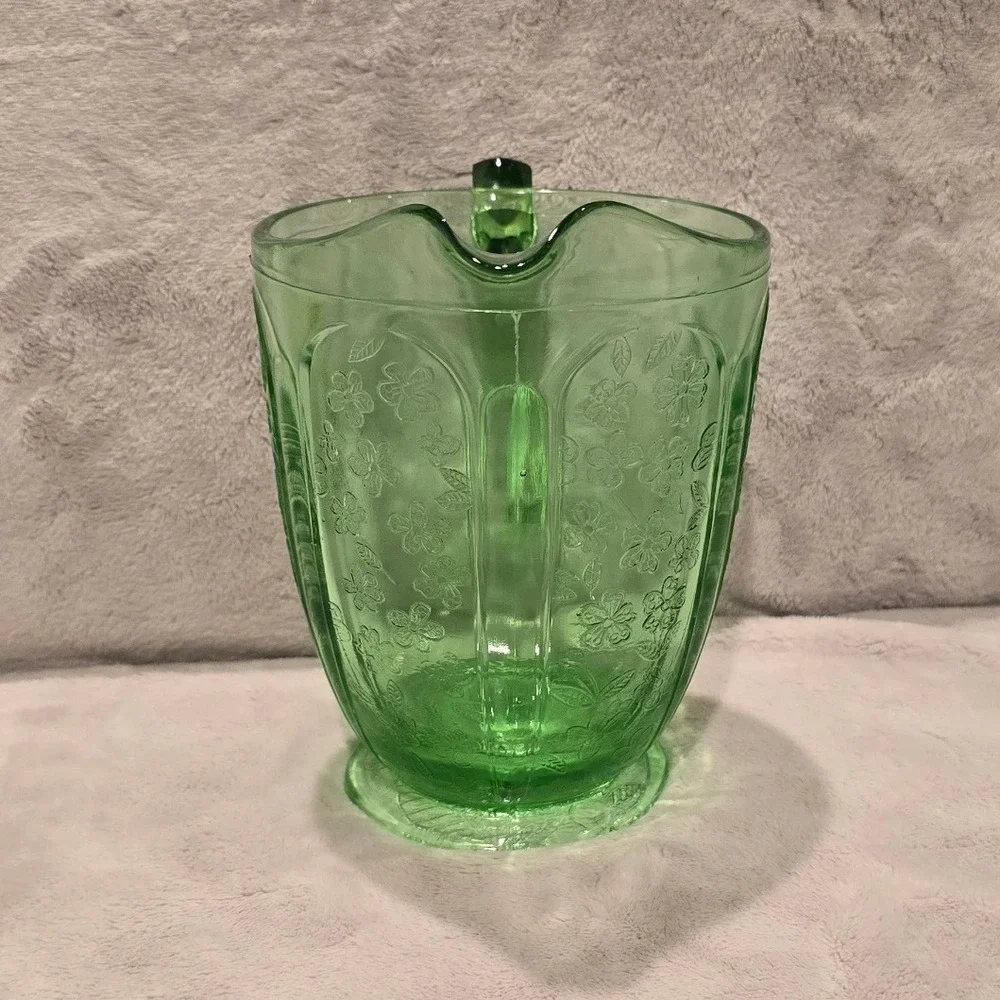 Vintage Jeannette Glass Cherry Blossom Green Depression Glass Pitcher 1930s 6.75